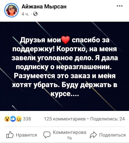 Уголовное дело против Айжаны Мырсан. В УВД рассказали подробности